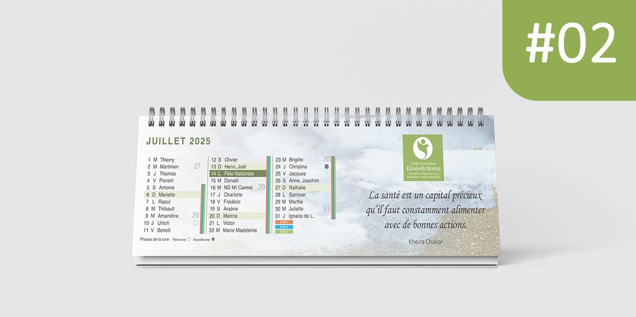 Calendrier chevalet allongé, illustré avec 12 citations sur fond uni