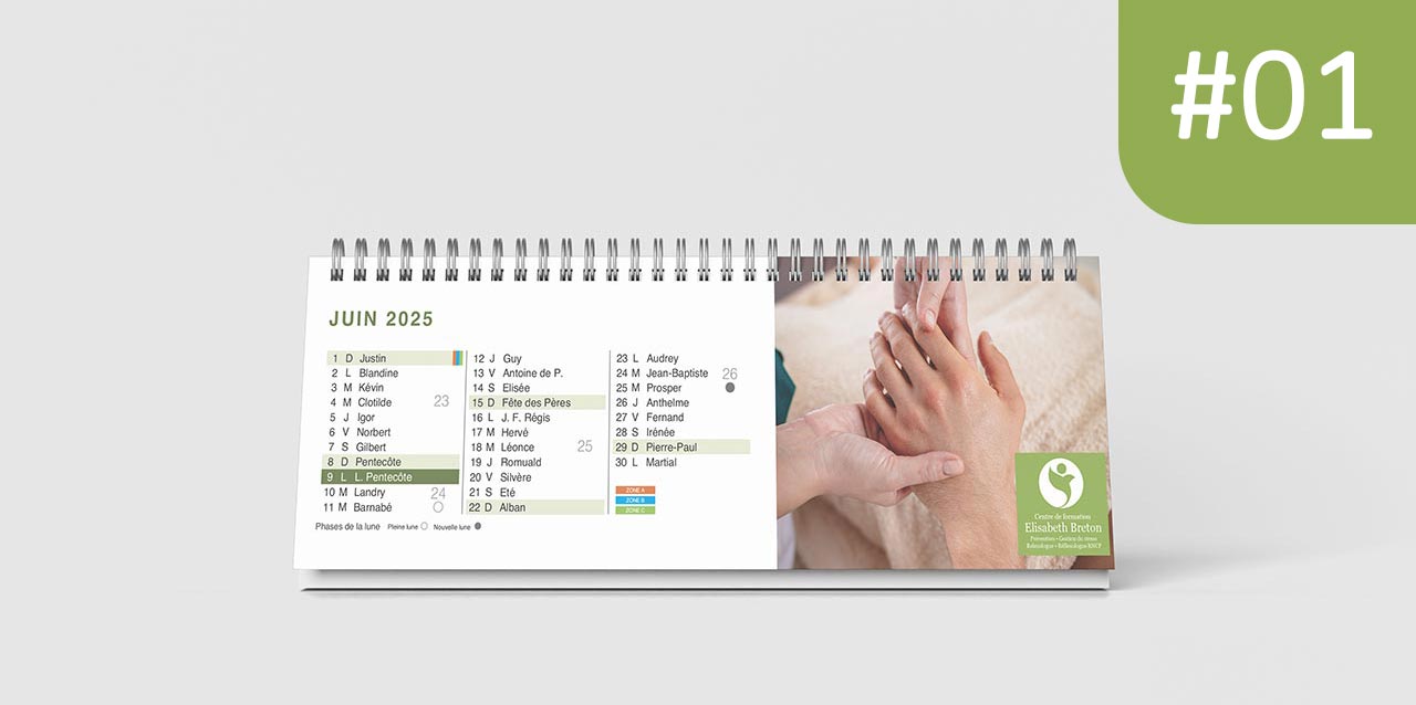 Calendrier chevalet allongé, illustré avec 12 photos